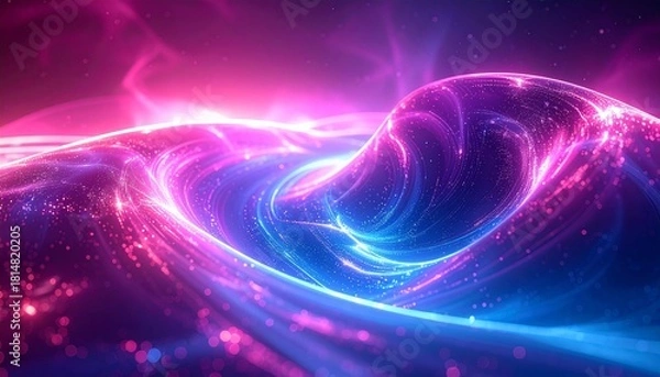 Fototapeta An ethereal digital rendering of a swirling cosmic ocean with vibrant neon pink and blue energy waves, depicting the fabric of spacetime or a distant galaxy