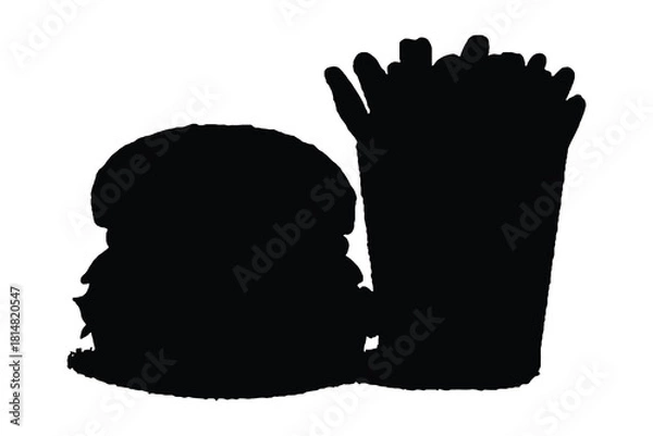 Obraz Black Silhouette of a Burger and French Fries on White Background Keywords: burger, french fries, silhouette, black
