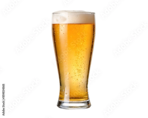Fototapeta Tall glass of golden beer with foam isolated on transparent background