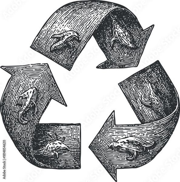Fototapeta Hand-drawn vector illustration of a recycling symbol featuring arrows and fish, suitable for eco-friendly design projects.