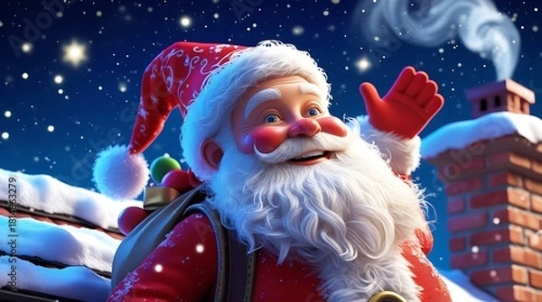 Obraz Jolly Santa Claus standing on a snow-covered rooftop next to a brick chimney at night