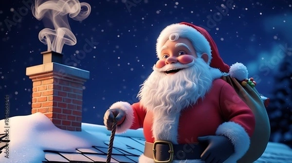 Obraz Jolly Santa Claus standing on a snow-covered rooftop next to a brick chimney at night