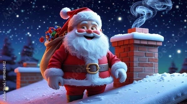 Obraz Jolly Santa Claus standing on a snow-covered rooftop next to a brick chimney at night