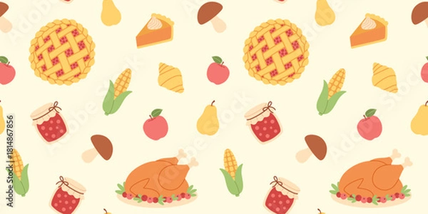 Fototapeta Seamless Thanksgiving pattern with turkey, pie, jam, corn, fruits, mushrooms, fall treats in a warm, festive color palette. For card, background, crafts, print, wallpaper, packaging, banner design.