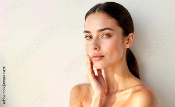 Fototapeta Smiling brunette woman with natural makeup and clean skin looking at the camera for a beauty studio fashion shoot