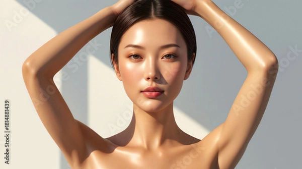 Fototapeta A beautiful brunette woman model with glowing skin, captivating eyes, and a radiant smile, showcasing natural skincare and glamorous makeup