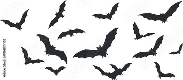 Obraz Silhouette vector illustration of flying bats in a dynamic arrangement, perfect for Halloween themes and spooky designs