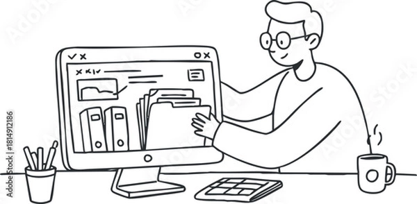 Fototapeta Outline vector illustration of a person working at a computer in a modern workspace, ideal for digital design and productivity themes