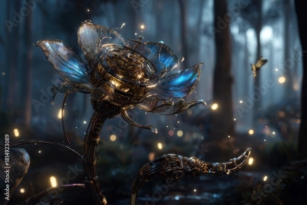 Fototapeta A glowing mechanical flower unfolding under the full moonlight