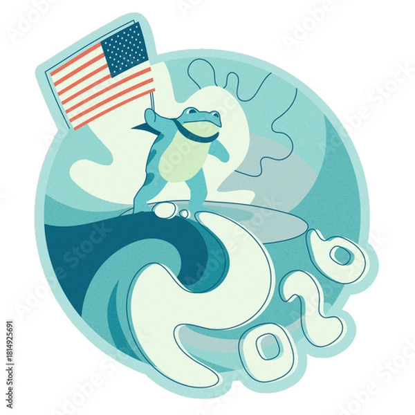 Fototapeta A peaceful protest frog surfing a blue wave with the American flag and 2026 below: A reminder to vote blue in the 2026 midterm elections and protect American democracy
