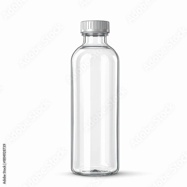 Obraz Clear glass bottle with a silver cap isolated on white background, perfect for showcasing beverage products