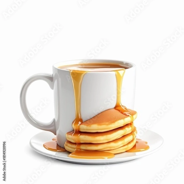 Obraz Stack of pancakes with maple syrup overflowing from a mug isolated on white background delicious breakfast