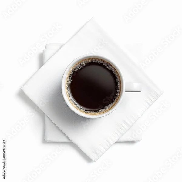 Obraz Overhead shot of a cup of black coffee on a white towel isolated on white background top view of coffee