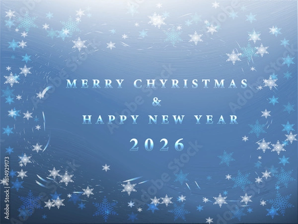 Fototapeta Winter vector background in a festive minimalist style with a blue gradient, snowflakes, and "Merry Christmas & Happy New Year 2026" text for cards, banners, and New Year design.
