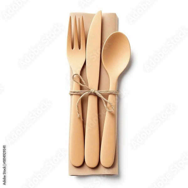 Obraz Elegant wooden cutlery set tied with twine on a napkin, isolated on white background perfect for rustic dining