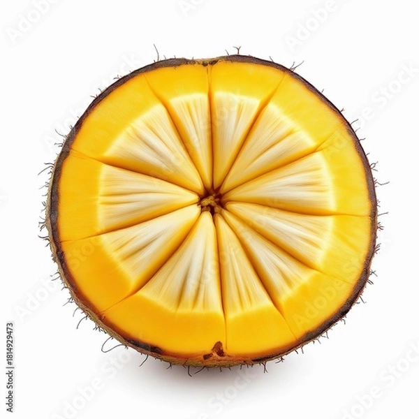 Obraz Cross section of a ripe santol fruit isolated on white background, showcasing its unique segments and vibrant color