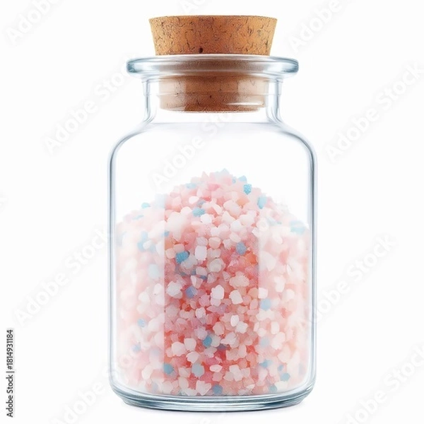Obraz Glass jar filled with colorful bath salts and sealed with a cork stopper, isolated on white background