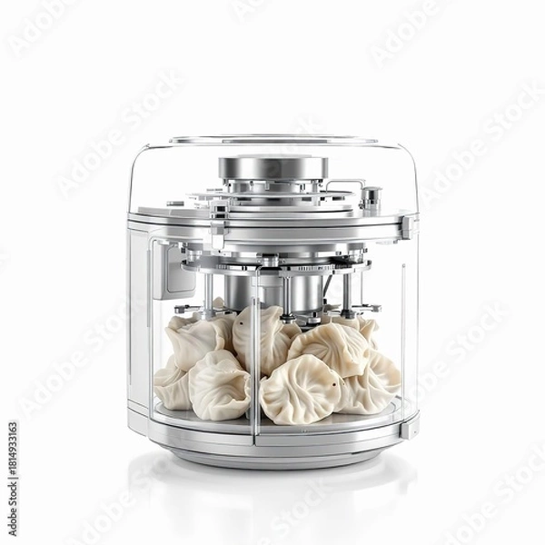 Obraz Automatic dumpling maker filled with uncooked dumplings isolated on white background