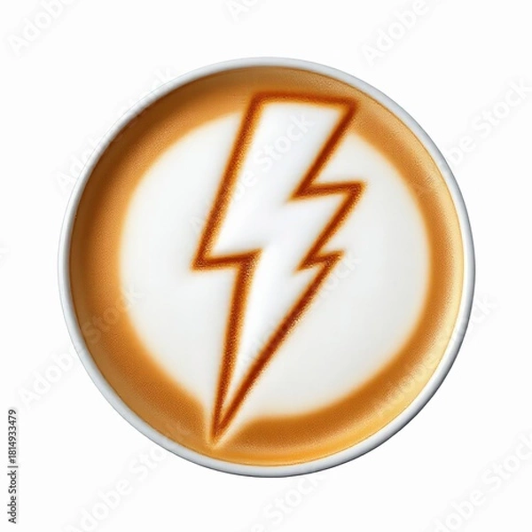 Fototapeta Latte art with a lightning bolt design isolated on white background, a creative and energizing coffee concept