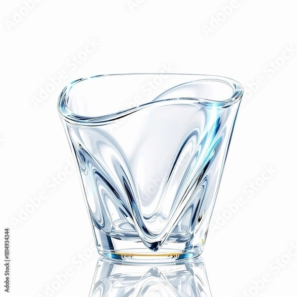 Obraz Empty square glass with wavy rim isolated on white background, reflecting light and showcasing its unique shape