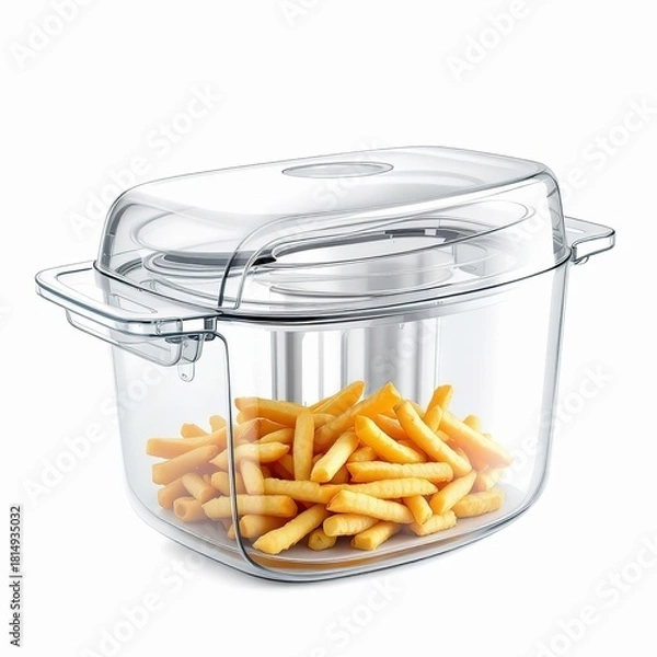 Obraz French fries in a clear plastic container isolated on white background, ready to be served and enjoyed