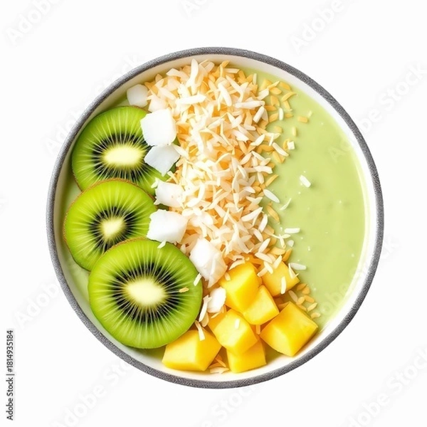 Obraz Delicious kiwi smoothie bowl with mango and coconut flakes isolated on white background, healthy breakfast
