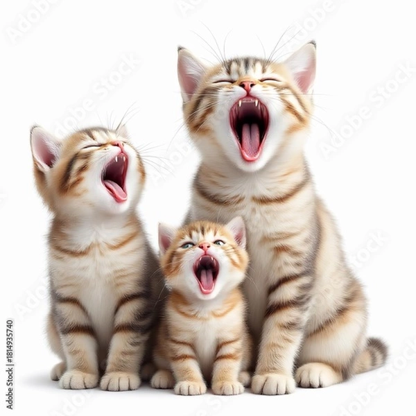Obraz Three adorable tabby kittens yawning together isolated on white background, showcasing their playful and sleepy nature