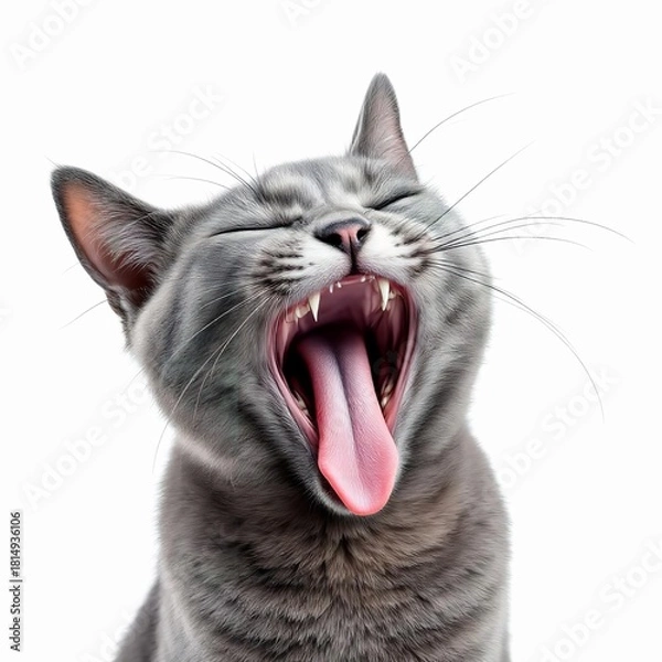 Obraz Closeup of a yawning gray cat with its mouth wide open, tongue out, and eyes closed isolated on white background