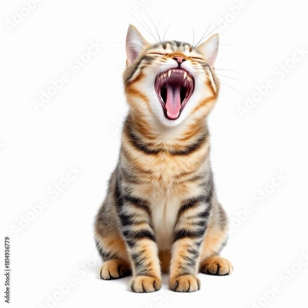 Obraz Cute tabby cat yawning widely while sitting isolated on white background, showing teeth and pink tongue