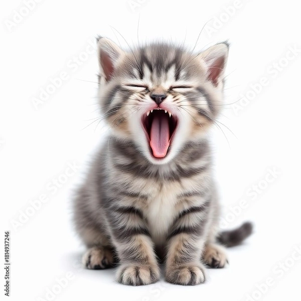 Obraz Cute tabby kitten yawning with mouth wide open isolated on white background little gray cat showing teeth