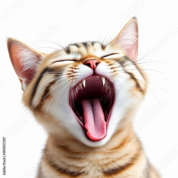 Obraz Closeup of a yawning tabby cat isolated on white background, showing its teeth and tongue with eyes closed