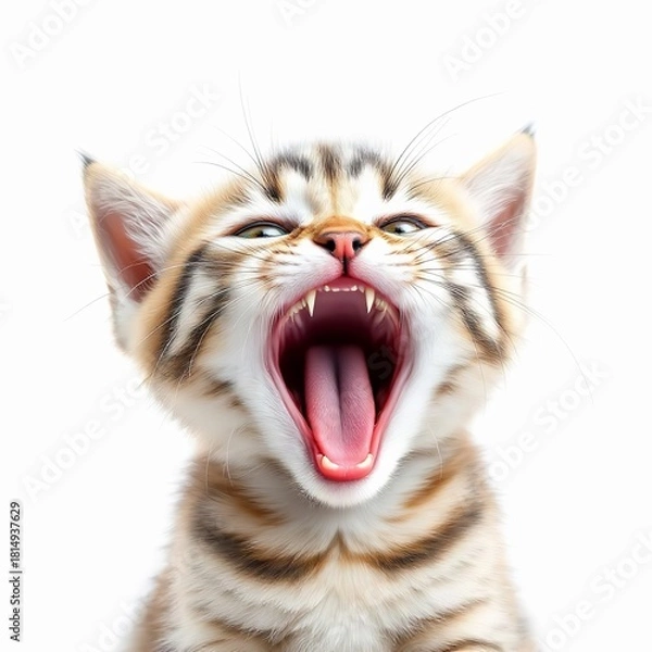 Obraz Closeup of a yawning tabby kitten isolated on white background, revealing its teeth and tongue in detail