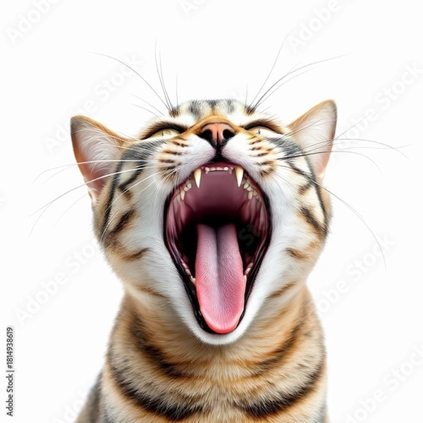 Obraz Closeup of a yawning tabby cat isolated on white background, showing its teeth, tongue, and open mouth in studio