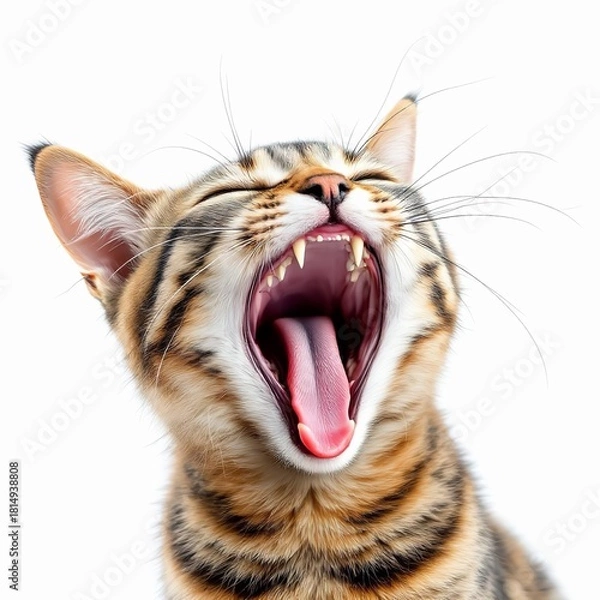 Obraz Closeup of a yawning tabby cat isolated on white background, showing its teeth and tongue in a funny way