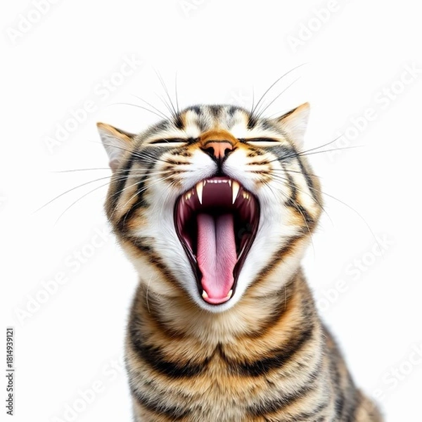 Obraz Closeup of a yawning tabby cat isolated on white background, showing its teeth and tongue in detail