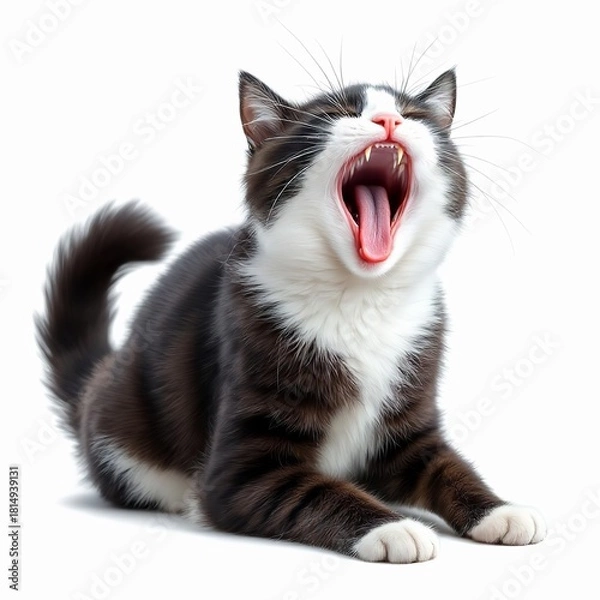 Obraz Cute black and white kitten yawning widely, showcasing its pink tongue and sharp teeth isolated on white background