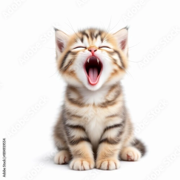 Obraz Adorable tabby kitten yawning isolated on white background, showcasing its tiny teeth and pink tongue, looking tired