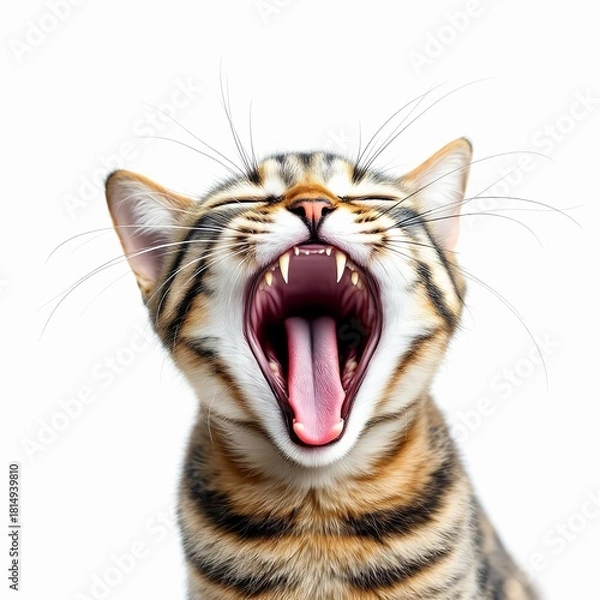 Obraz Closeup of a yawning tabby cat isolated on white background, showing its teeth and tongue with eyes closed