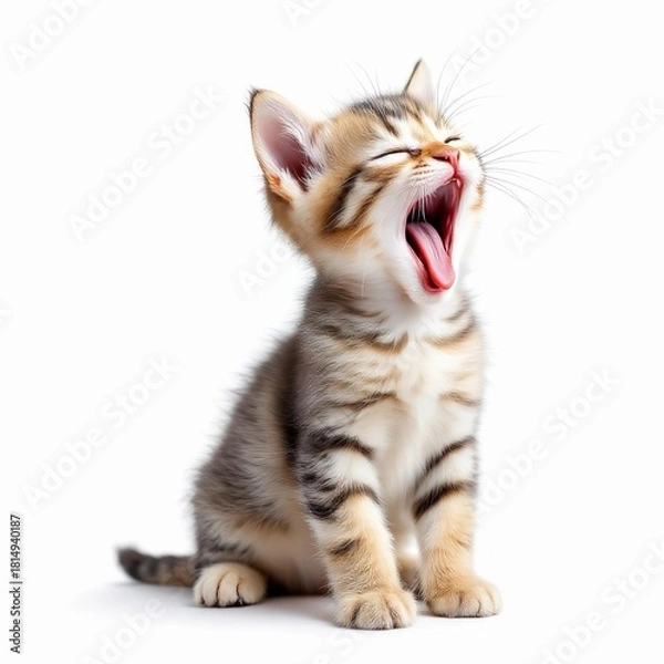 Obraz Cute tabby kitten yawning isolated on white background, showing its tongue and teeth in a funny way