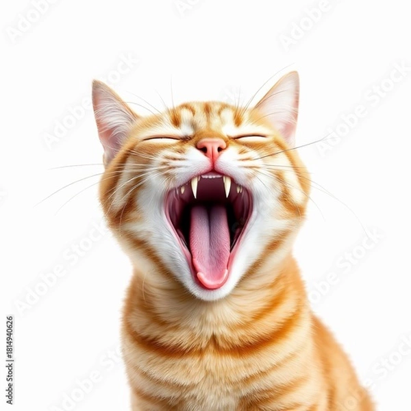 Obraz Ginger cat yawning isolated on white background closeup portrait of a cute tabby cat with open mouth and teeth
