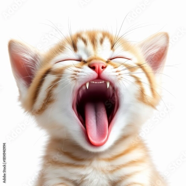 Obraz Adorable ginger kitten yawning widely with its mouth open, isolated on white background closeup portrait