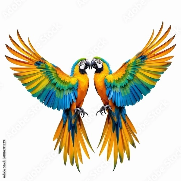 Obraz Two vibrant blue and gold macaw parrots facing each other with wings spread, isolated on white background