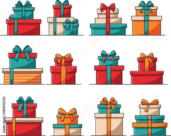 Fototapeta Colorful stacked gift boxes with bows in festive arrangement, holiday presents illustration for celebration design, cad drawing flat vector illustration