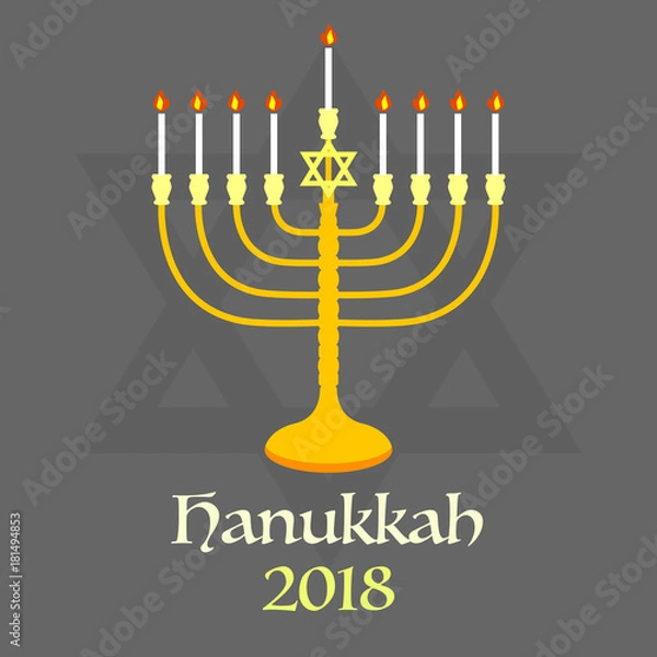 Obraz Vector banner for Hanukkah celebration 2018. Jewish holiday Hanukkah, religion, jewish festival of Lights. Hanukkah menorah outline greeting card, template, banner. Minimal vector illustration. Flat d