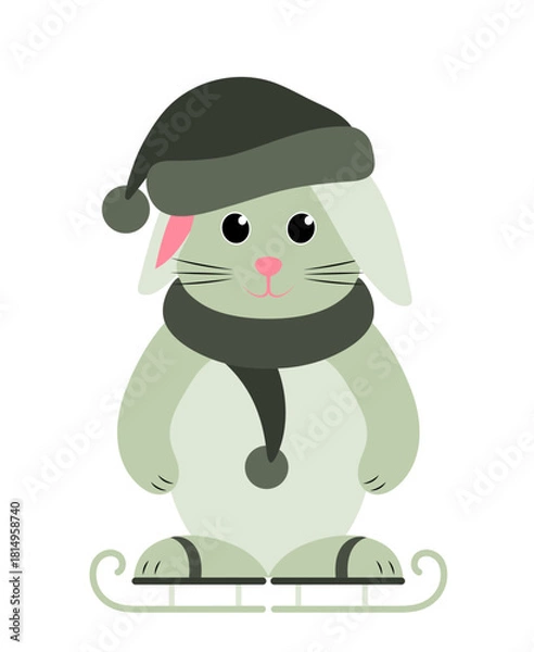 Fototapeta bunny with cap and scarf on ice skates isolated on white background