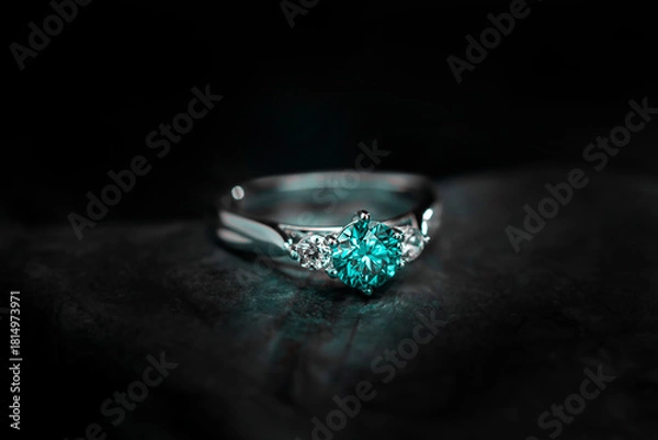 Fototapeta A blue diamond ring with a diamond in the center and three diamonds on the sides