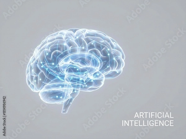 Obraz Glowing blue translucent human brain 3D render with illuminated neural network connections on a light gray background, illustrating artificial intelligence and machine learning concepts