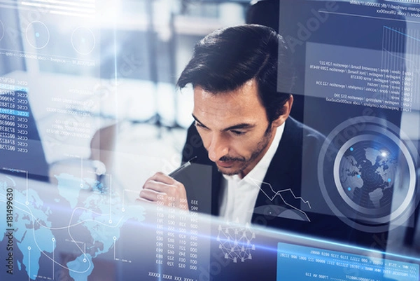 Fototapeta Concept of digital diagram,graph interfaces,virtual screen,connections icon.Young entrepreneur working at modern office.Blurred background.Horizontal.