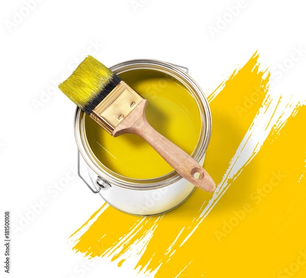 Obraz Yellow paint tin can with brush on top on a white background with yellow strokes