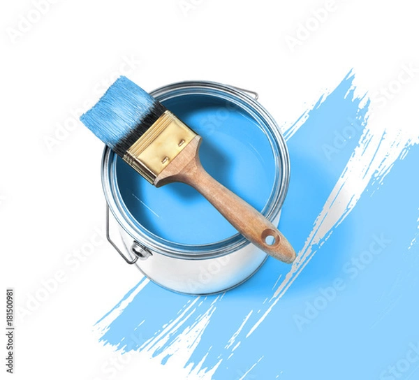 Obraz Blue paint tin can with brush on top on a white background with Blue strokes